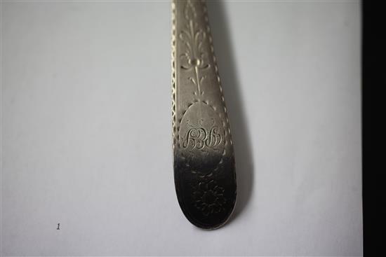 A George III Irish bright cut engraved silver basting spoon, 2.5in.